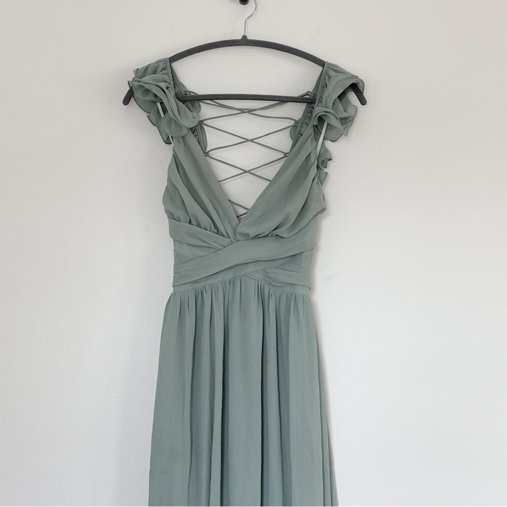 Lulus Soiree Celebration Light Blue Green Floral Ruffled Lace-Up Maxi prom Dress - Picture 7 of 12